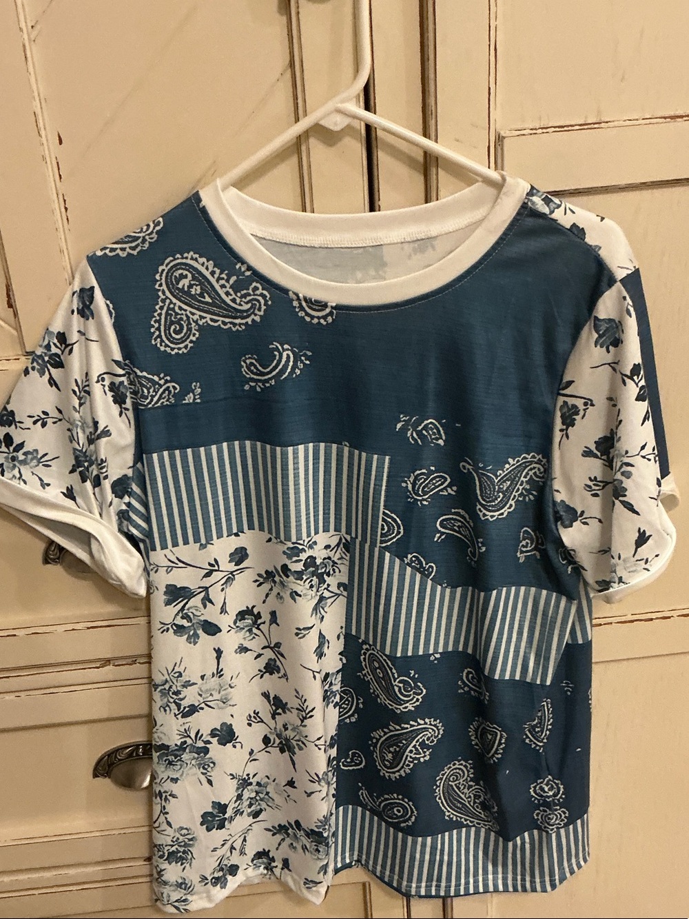 Blue and White Patchwork Paisley Floral Tee - Women